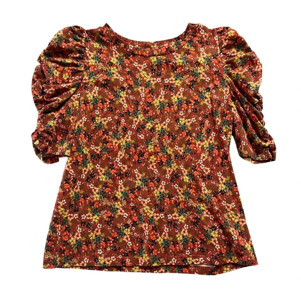 LOFT Women Top S Red Floral Puff Sleeve Ruched Cotton Knit 569071 SP21